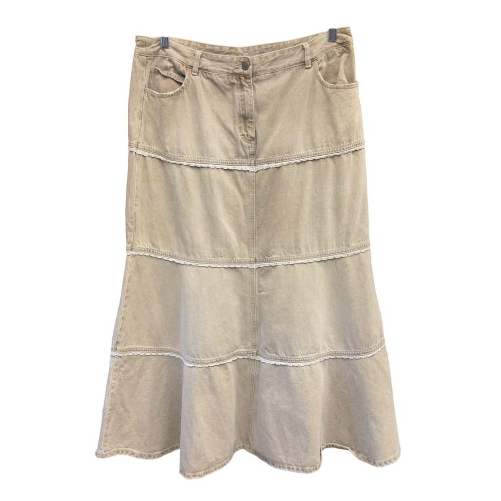 Jeanology Collection Tan Denim Tiered Maxi Skirt Lace Trim Size 18 Boho Cottage